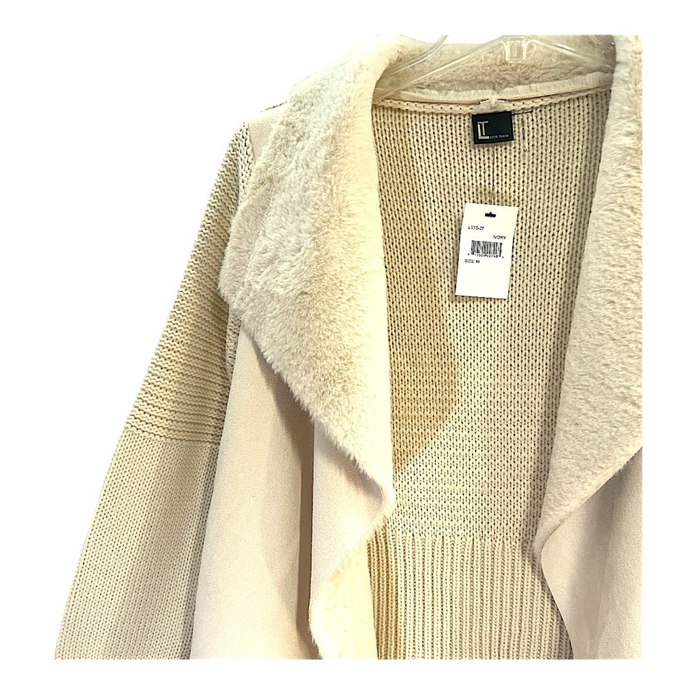 LOVE TOKEN Faux Suede Open Cream Sweater/Cardigan in knitted design NWT SZ MED - Picture 6 of 16